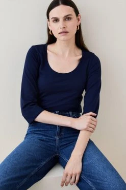 Karen Millen Cotton Scoop Neck 3/4 Sleeve T-shirt -Karen Millen shop 4 sleeve t shirt 1