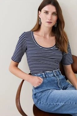 Karen Millen Cotton Stripe Scoop Neck 3/4 Sleeve T-shirt -Karen Millen shop 4 sleeve t shirt 5