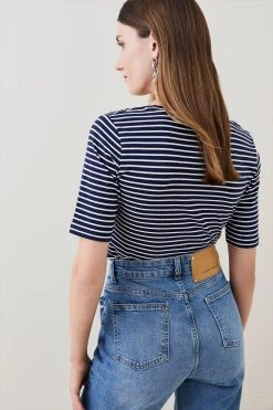 Karen Millen Cotton Stripe Scoop Neck 3/4 Sleeve T-shirt -Karen Millen shop 4 sleeve t shirt 6