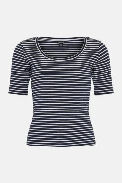Karen Millen Cotton Stripe Scoop Neck 3/4 Sleeve T-shirt -Karen Millen shop 4 sleeve t shirt 7