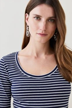 Karen Millen Cotton Stripe Scoop Neck 3/4 Sleeve T-shirt -Karen Millen shop 4 sleeve t shirt 8