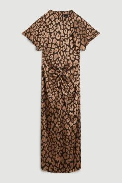 Karen Millen Animal Jacquard Ruched Front Crepe Midi Dress