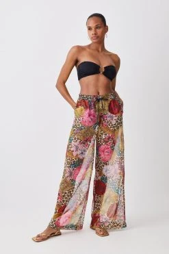 Karen Millen Leopard Floral Wide Leg Beach Trouser -Karen Millen shop animal leopard floral wide leg beach trouser 1