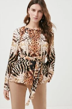 Karen Millen Mirrored Tiger Viscose Satin Woven Blouse -Karen Millen shop animal mirrored tiger viscose satin woven blouse 1