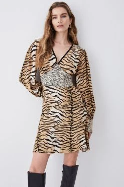 Karen Millen Animal Mixed Print Plunge Neck Woven Mini Dress -Karen Millen shop animal mixed print plunge neck woven mini dress 2