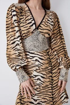 Karen Millen Animal Mixed Print Plunge Neck Woven Mini Dress -Karen Millen shop animal mixed print plunge neck woven mini dress 4