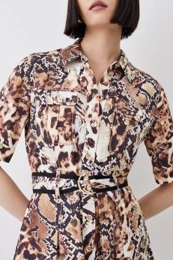 Karen Millen Animal Print Premium Linen Mini Shirt Dress