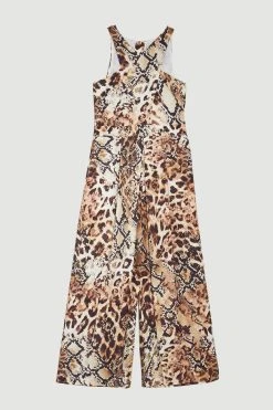 Karen Millen Animal Print Premium Linen Viscose Halter Woven Jumpsuit