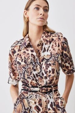 Karen Millen Animal Print Premium Linen Woven Shirt Dress -Karen Millen shop animal print premium linen woven shirt dress 2