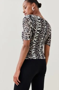 Karen Millen Animal Print Ruched Mesh Top -Karen Millen shop animal print ruched mesh top 1 1