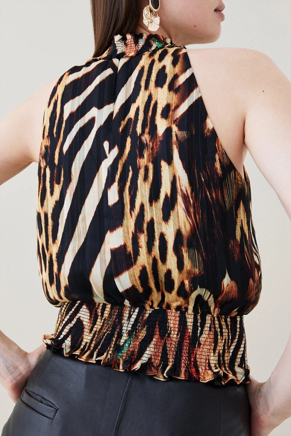 Karen Millen Animal Shirred Halter Woven Blouse 5 Karen Millen Animal Shirred Halter Woven Blouse - Image 3