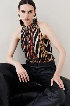 Karen Millen Animal Shirred Halter Woven Blouse