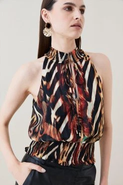 Karen Millen Animal Shirred Halter Woven Blouse 10 Karen Millen Animal Shirred Halter Woven Blouse -Karen Millen shop animal shirred halter woven blouse 3