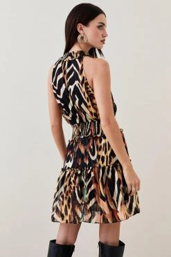 Karen Millen Animal Shirred Halter Woven Mini Dress -Karen Millen shop animal shirred halter woven mini dress 2