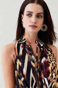 Karen Millen Animal Shirred Halter Woven Mini Dress