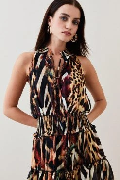 Karen Millen Animal Shirred Halter Woven Mini Dress -Karen Millen shop animal shirred halter woven mini dress 3