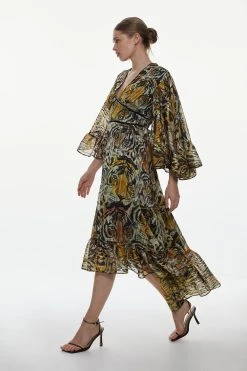 Karen Millen Tiger Printed Drama Kimono Woven Maxi Dress