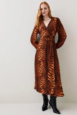 Karen Millen Tiger Printed Woven Midi Wrap Dress