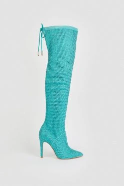 Karen Millen Suede Over The Knee Embellished Boot -Karen Millen shop aqua suede over the knee embellished boot 1 1