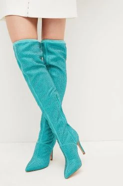 Karen Millen Suede Over The Knee Embellished Boot -Karen Millen shop aqua suede over the knee embellished boot 1 2