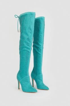 Karen Millen Suede Over The Knee Embellished Boot -Karen Millen shop aqua suede over the knee embellished boot 1 3
