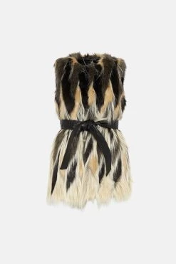 Karen Millen Jacquard Faux Fur Pu Belted Gilet -Karen Millen shop beige jacquard faux fur pu belted gilet 1 1