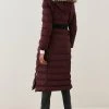 Karen Millen Belted Puffer Faux Fur Maxi Hooded Coat -Karen Millen shop berry belted puffer faux fur maxi hooded coat