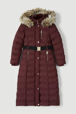 Karen Millen Belted Puffer Faux Fur Maxi Hooded Coat -Karen Millen shop berry belted puffer faux fur maxi hooded coat 2