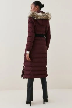 Karen Millen Belted Puffer Faux Fur Maxi Hooded Coat