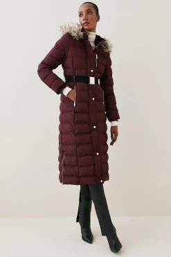 Karen Millen Belted Puffer Faux Fur Maxi Hooded Coat -Karen Millen shop berry belted puffer faux fur maxi hooded coat 3