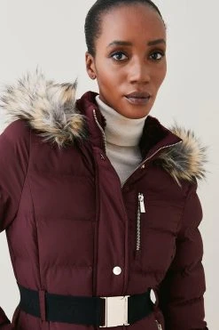 Karen Millen Belted Puffer Faux Fur Maxi Hooded Coat -Karen Millen shop berry belted puffer faux fur maxi hooded coat 4