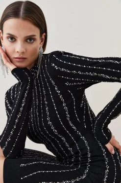 Karen Millen All Over Hotfix Embellished Knit Mini Dress -Karen Millen shop black all over hotfix embellished knit mini dress 2