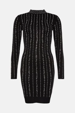 Karen Millen All Over Hotfix Embellished Knit Mini Dress -Karen Millen shop black all over hotfix embellished knit mini dress 3
