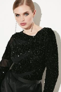 Karen Millen All Over Sequin Jersey Mesh Top -Karen Millen shop black all over sequin jersey mesh top 4