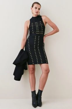 Karen Millen All Over Trimmed Bandage And Mesh Mini Dress -Karen Millen shop black all over trimmed bandage and mesh mini dress 4