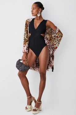 Karen Millen Bandage Textured V Neck Swimsuit