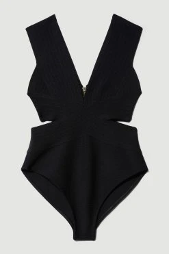 Karen Millen Bandage Textured V Neck Swimsuit 9 Karen Millen Bandage Textured V Neck Swimsuit -Karen Millen shop black bandage textured v neck swimsuit 1 2