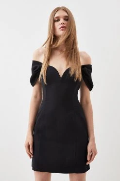 Karen Millen Bardot Satin Back Crepe Woven Mini Dress -Karen Millen shop black bardot satin back crepe woven mini dress 2