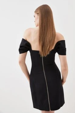 Karen Millen Bardot Satin Back Crepe Woven Mini Dress -Karen Millen shop black bardot satin back crepe woven mini dress 3