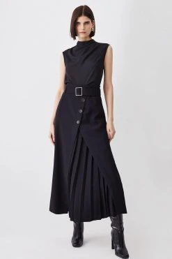 Karen Millen Belted Wrap Pleat Detail Midi Skirt -Karen Millen shop black belted wrap pleat detail midi skirt 3