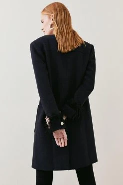 Karen Millen Boucle Feather Trim Longline Coat