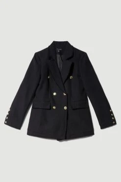 Karen Millen Boucle Longline Double Breasted Tailored Blazer -Karen Millen shop black boucle longline double breasted tailored blazer 1