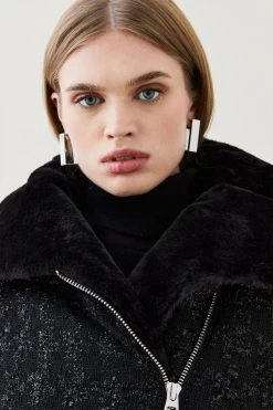 Karen Millen Boucle Pu Mix Longline Puffer Coat -Karen Millen shop black boucle pu mix longline puffer coat 1 2