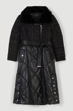 Karen Millen Boucle Pu Mix Longline Puffer Coat -Karen Millen shop black boucle pu mix longline puffer coat 1 3