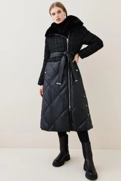 Karen Millen Boucle Pu Mix Longline Puffer Coat -Karen Millen shop black boucle pu mix longline puffer coat 1 4