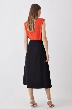 Karen Millen Buckle Detail Pleated Crepe Midi Skirt -Karen Millen shop black buckle detail pleated crepe midi skirt 1 1
