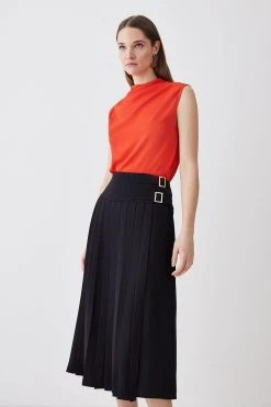 Karen Millen Buckle Detail Pleated Crepe Midi Skirt -Karen Millen shop black buckle detail pleated crepe midi skirt 1 2
