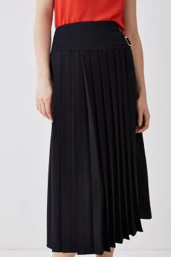 Karen Millen Buckle Detail Pleated Crepe Midi Skirt -Karen Millen shop black buckle detail pleated crepe midi skirt 1 3