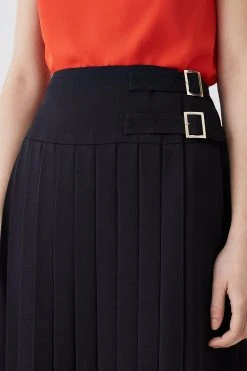Karen Millen Buckle Detail Pleated Crepe Midi Skirt -Karen Millen shop black buckle detail pleated crepe midi skirt 1 4