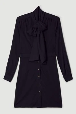 Karen Millen Button Through Pussy Bow Georgette Jersey Dress -Karen Millen shop black button through pussy bow georgette jersey dress 3